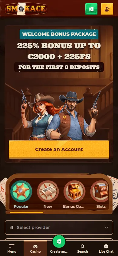 Smokace Casino games view on a mobile device
