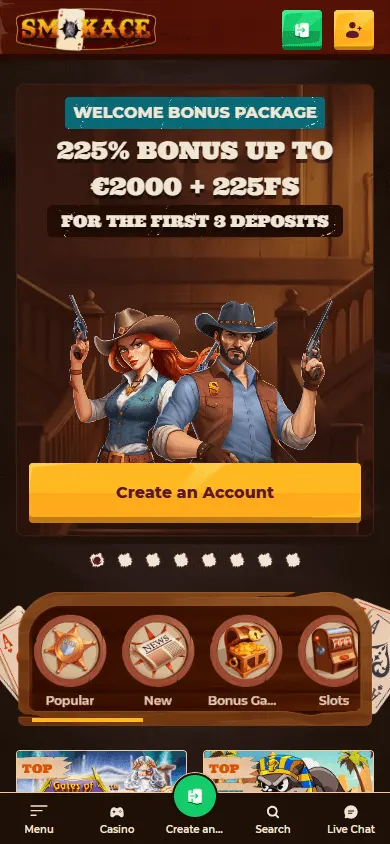Smokace Casino home view on a mobile device