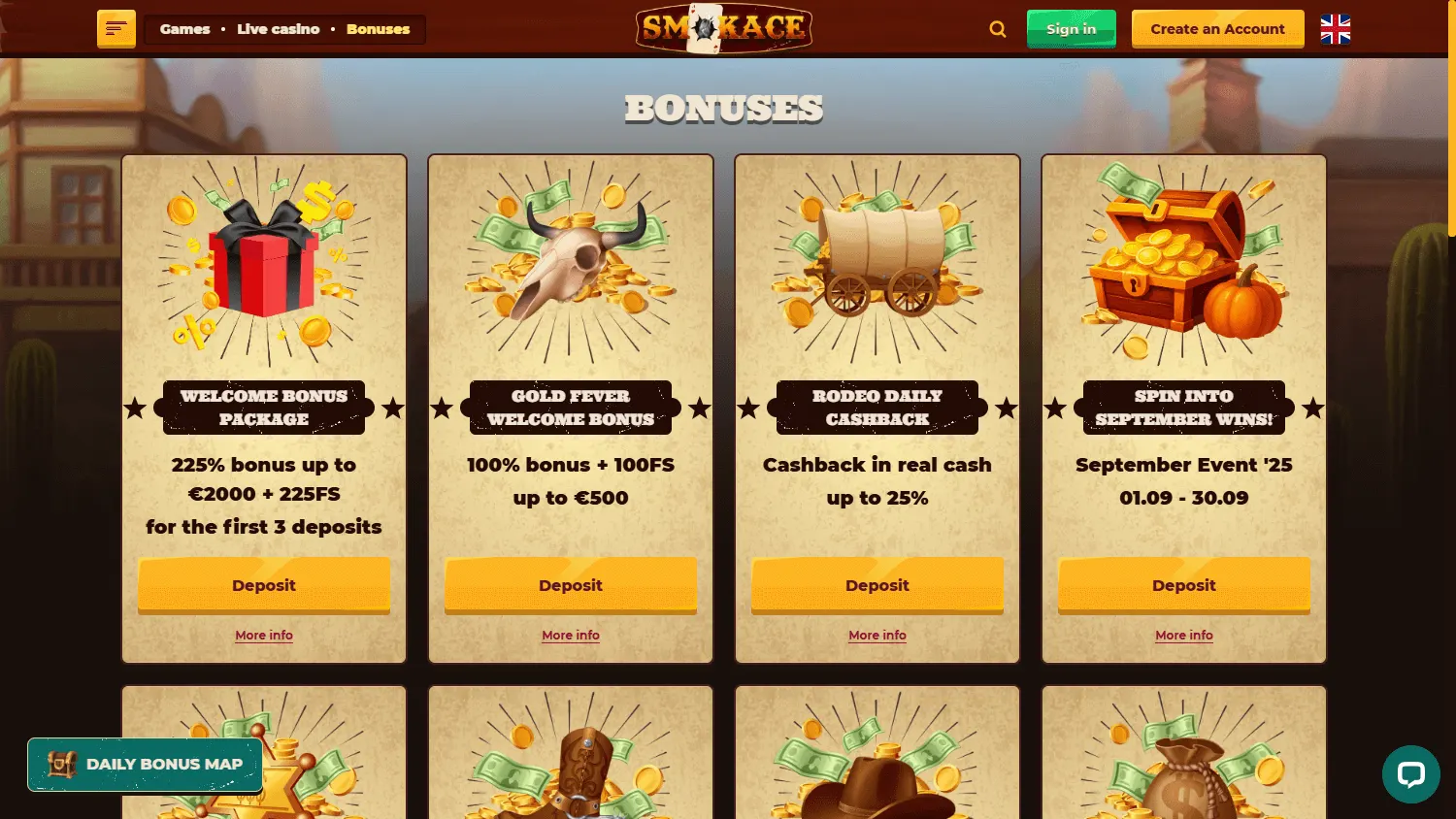 Smokace Casino promotions view on desktop