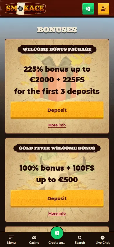 Smokace Casino promotions view on a mobile device
